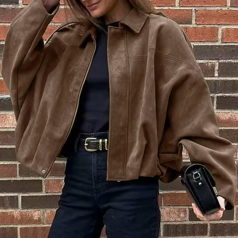 【Black Friday】Women's Solid Color Long Sleeve Aviator Jacket, Zip Up Jacket for Spring, Pilot Jacket, Street Style Outerwear #GLOBAL PICKS