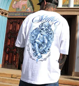 Sullen Clothing Love X Hate "1 Ton" Oversized Heavyweight Tee with Cherub Tattoo Design Soft Blue Linework Custom Relaxed Fit