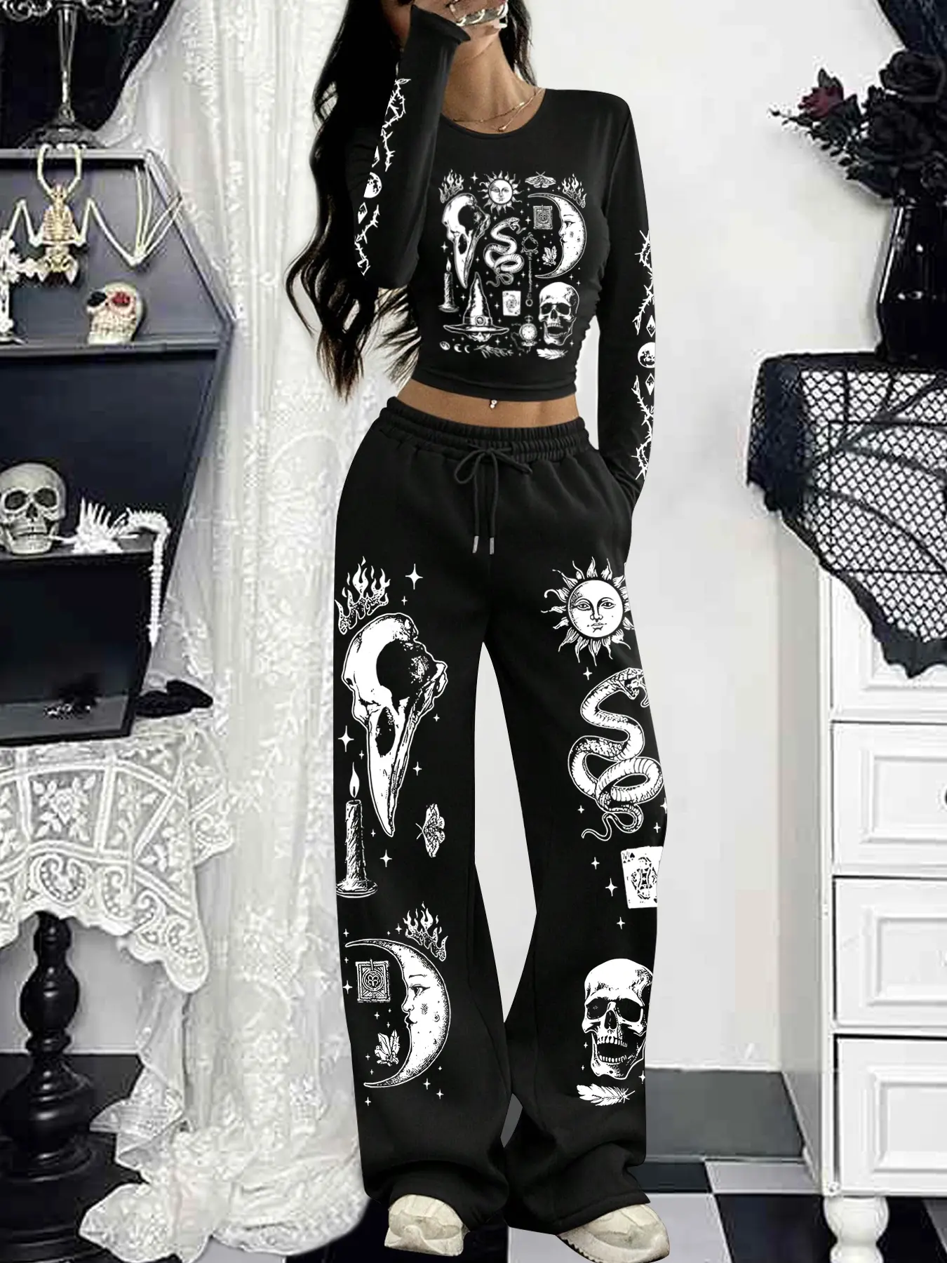 Women's Fitted Round Neck Long Sleeve T-Shirt Set with Drawstring Wide Leg Pants, Halloween Pattern Print, Comfortable Soft Knit Fabric