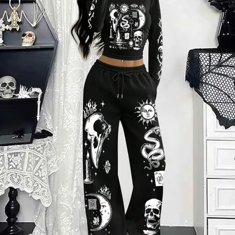 Women's Halloween Gothic Style Snakeskin Print High Waist Pants Set, Graphic Print Set, Outfit, Fitted Clothing Set, Fashion Clothes Set, Womenswear Casual Fitted Long Sleeve Top & Wide Leg Pants, Comfortable Spring & Fall