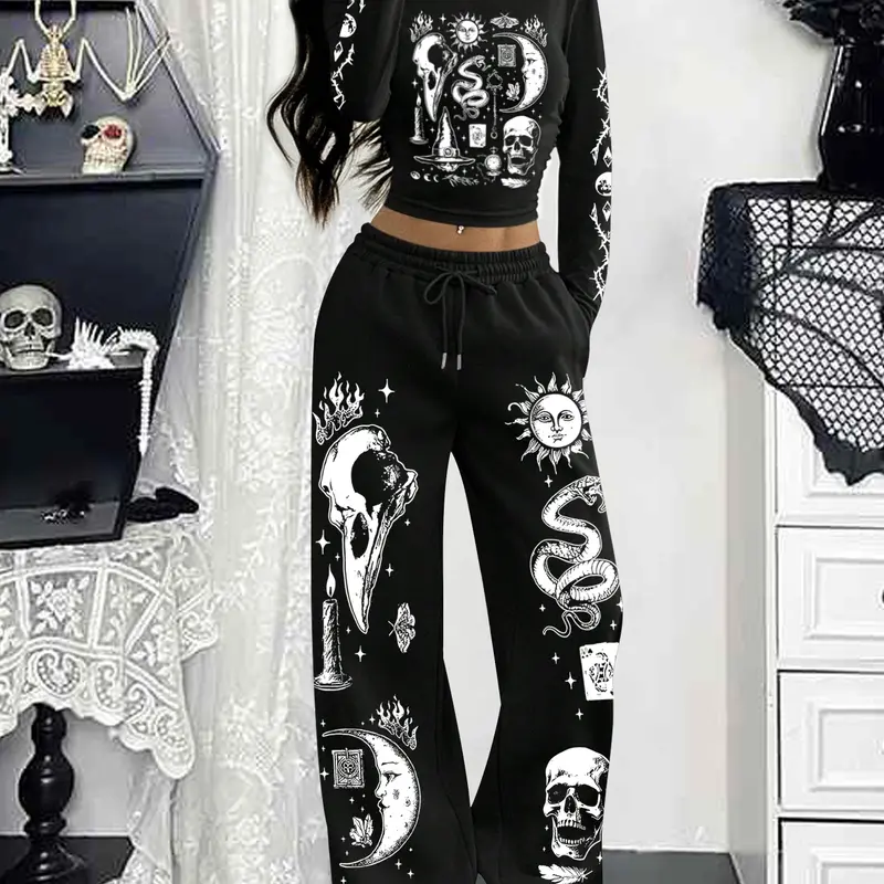 Women's Halloween Gothic Style Snakeskin Print High Waist Pants Set, Graphic Print Set, Outfit, Fitted Clothing Set, Fashion Clothes Set, Womenswear Casual Fitted Long Sleeve Top & Wide Leg Pants, Comfortable Spring & Fall