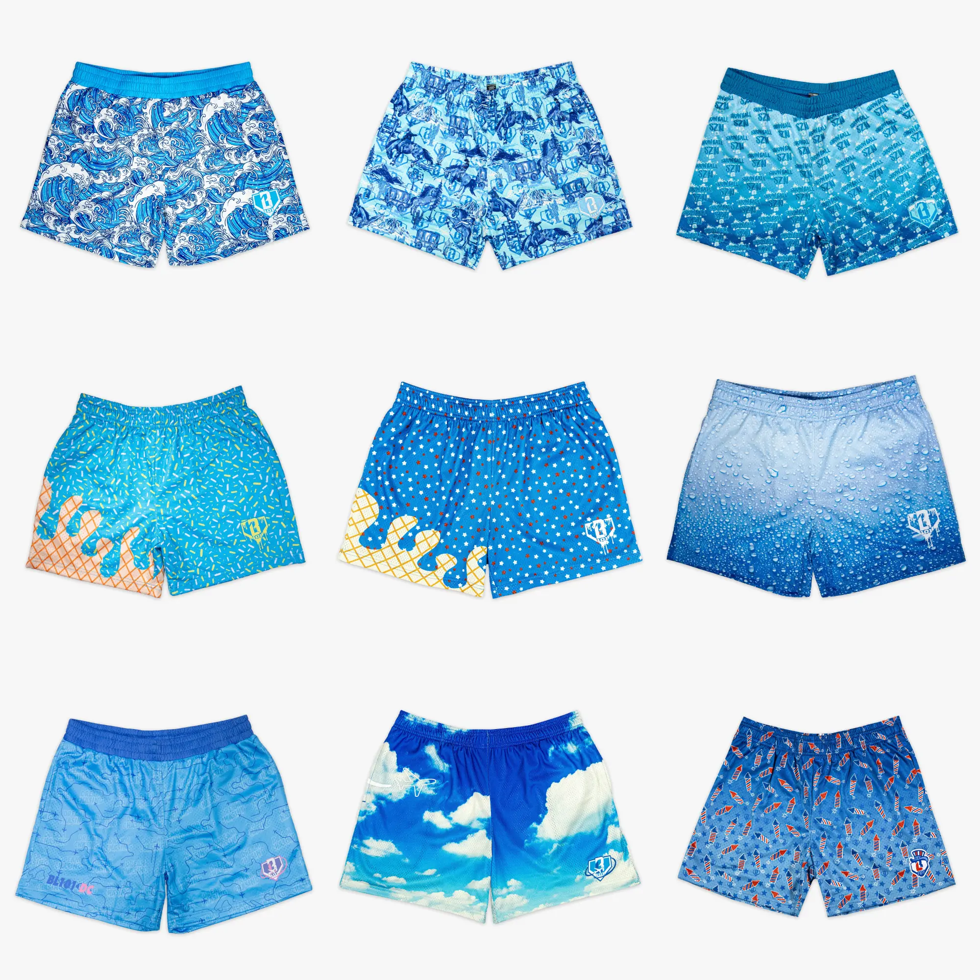 [ Baseball Lifestyle 101 ] | Premium Mesh Gym Shorts – Blue Summer Collection: Ocean Wave, Cloud & Ice Cream Drip Graphic Athletic Shorts