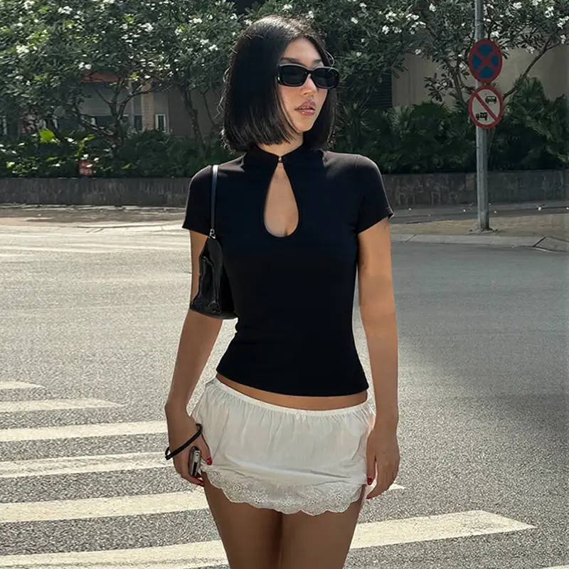 Women's 2026 Spring Summer Plain Mandarin Collar Short Sleeve Keyhole Neckline Bodycon Crop Top - Smooth Stretchy Fabric, Tops for Women, Bodycon Cut, Sexy Elegant Chic, Party Wear, Do Not Dry Clean, Front Keyhole
