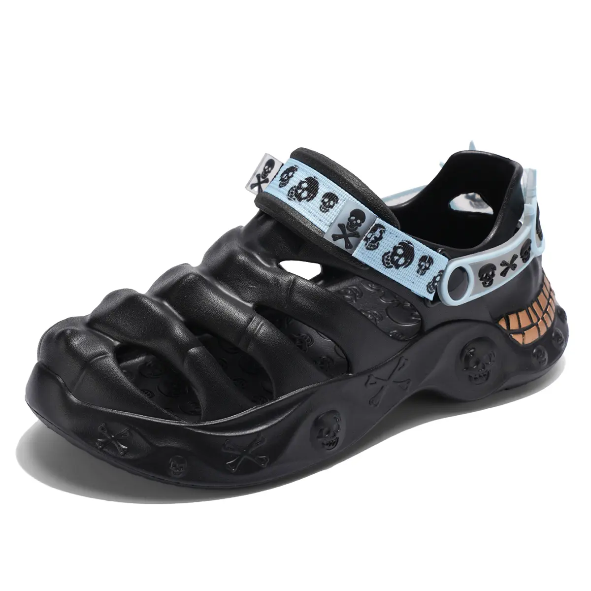 Men's Streetwear Skull Print Clogs, Edgy Gothic Chunky Platform Sandals with Adjustable Strap, Comfortable Cushioned Summer Beach Shoes, Shoe