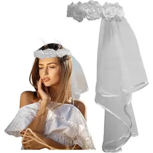 White Bridal Flower Crown with Veil - Women Bachelorette Bride Veil Party Headband - Communion Shower Headdress Accessory - Halloween Ghost Corpse Costume