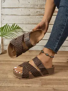 Women's Open Toe Woven Cross Strap Cork Thick Sole Sandals, Adjustable Buckle Slip-On Summer Beach Vacation Commuter Shoes