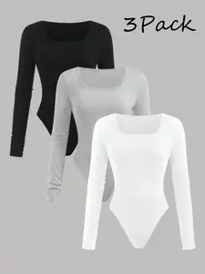 Teenage Knitted Solid Color Long Sleeve Bodycon Jumpsuit Set of 3, Spring Summer Autumn Winter, Casual Fit, Comfortable Slimming, Music Festivals