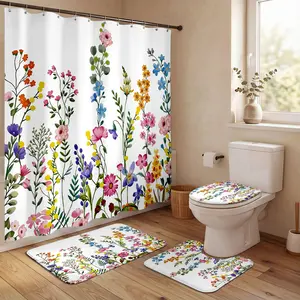 4Pcs Shower Curtain Set Wildflowers, Floral Stems, Watercolor Blooms, Bathroom Sets with Rugs, Spring Festival, Bathroom Decor, Charming Wildflowers With Floral Stems And Watercolor Blooms For Fresh Springtime Bathroom Vibe
