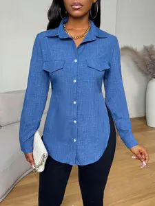 A ladies' blue button-down shirt with a pocket decoration and long sleeves, suitable for all kinds of office wear.