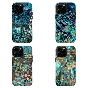 Teal Blue Floral Patchwork Phone Case, Boho Abstract Pattern Protective Cover For iPhone 11 12 13 14 15 16 17 Pro Max For Samsung S26 S25 S24 S23 S22-Gift For Her/Him