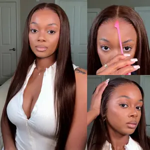 [Easy Care] Megalook 13x6 Glueless HD Lace Frontal Wigs #4 Chocolate Brown Silky Straight HD Lace Glueless Wig Pre-everything Natural Hairline Drawstring Band