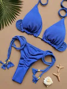 Two-Piece Set Women's Solid Color Bikini Set, Casual Fashion Chic Swim Bra & Swim Panty Set, Ladies Swimsuit for Beach Holiday Vacation, Bikinis Sets, Bikini Outfits, Bikini Tops