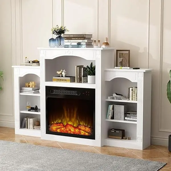 58.8” Electric Fireplace TV Stand with Open Shelves, Modern TV Console with 23.8” Fireplace, Small Media Center with LED Lights, for Living Room White