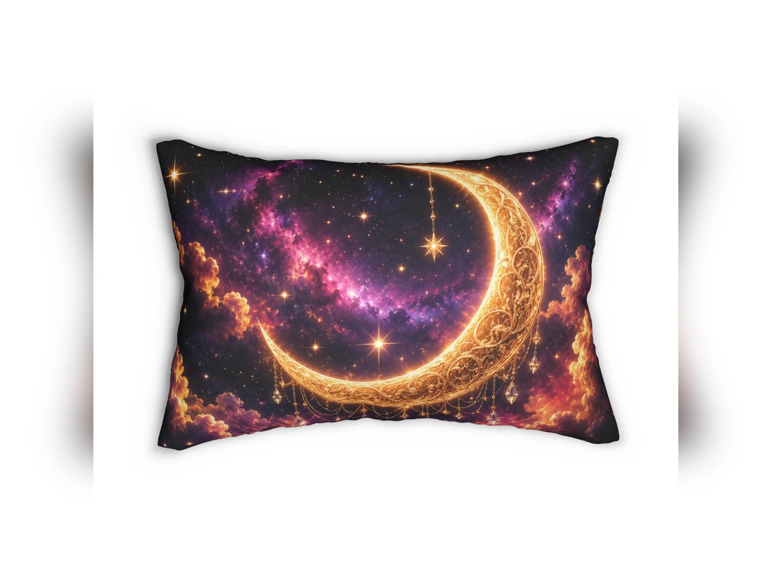 Golden Crescent Moon Pillow lumbar pillow | celestial galaxy stars night sky
