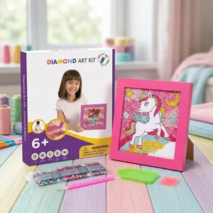 Diamond Art Kit Set 7 1/8" x 7 1/8" with Frame (Unicorn with Pink Frame)
