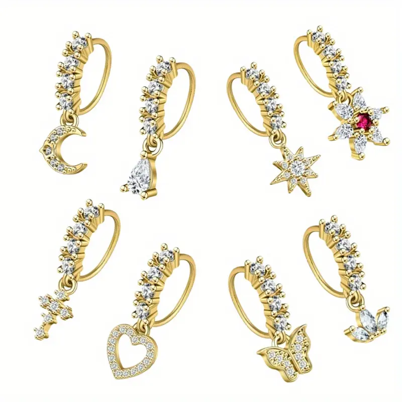 Pack Of 8 Elegant Dangle Nose Rings for Women & Men | Stainless Steel Nose Studs, Dangling Nose Rings Hoops,Flower Butterfly Moon Nose Piercing Jewelry, Ideal Gift for Friends, Family