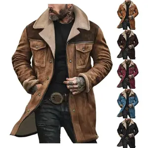 Mens Western Cowboy Jacket Vintage Suede Jacket Long  Coats Zip Up Plush Collar Cowboy Peacoat Retro Tops Casual Menswear Fathersdaygift Soft Fleece Hoodie jacket western clothing jackets letterman  jacket western clothing windbreakers Leather