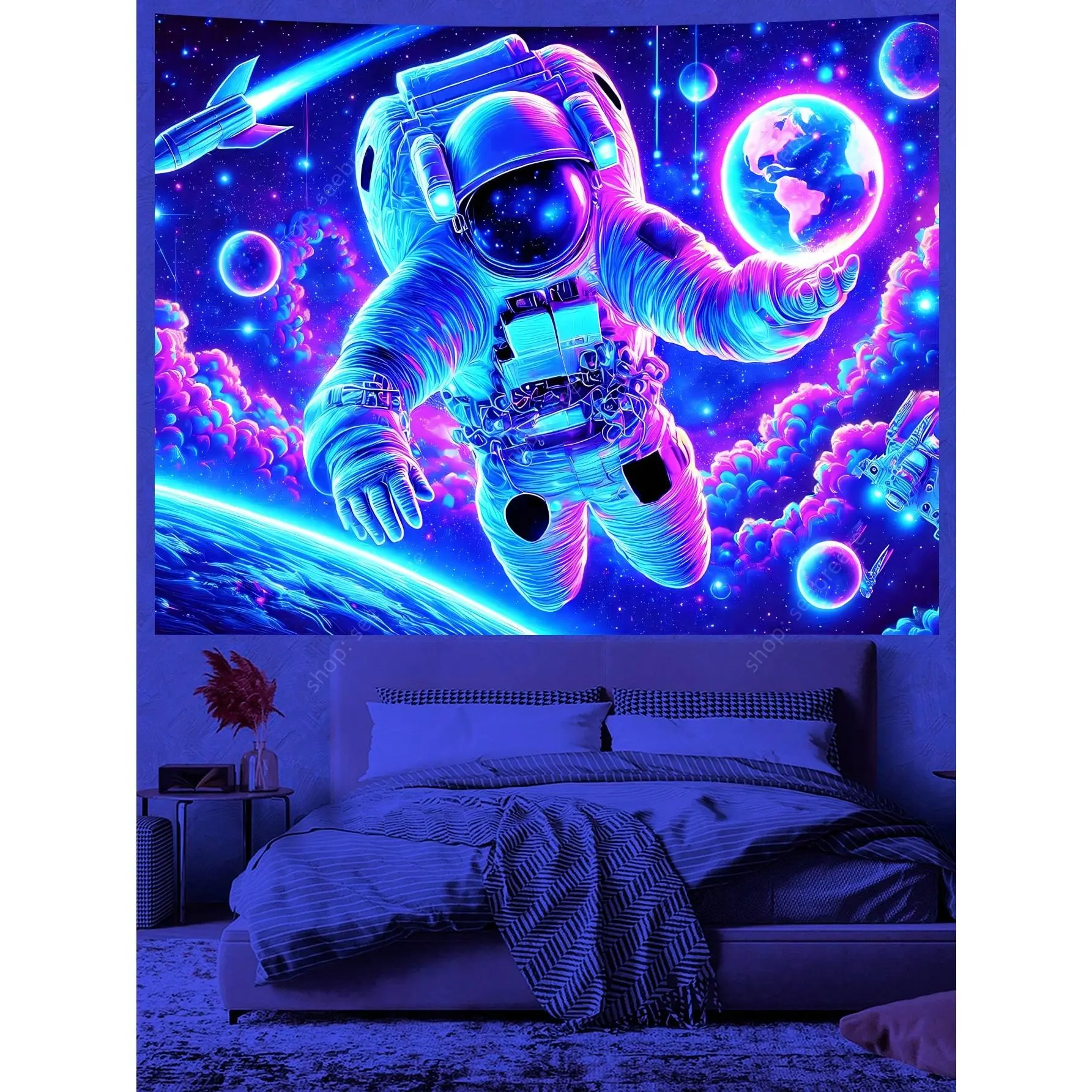 UV Reactive Multicolor 100% Polyester Graphic Tapestry - Cosmic Art Astronomy Wall Decor with Astronaut Holding Planet Print, Machine Wash Safe, Cozy for Bedroom, Black Friday Home Supplies, Synthetic