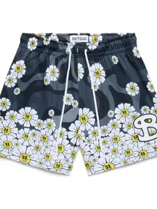 Unisex Floral Mesh Shorts, Quick-Dry Beach Vacation Pants, Sporty Four-Quarter Swimwear, Men & Women Summer