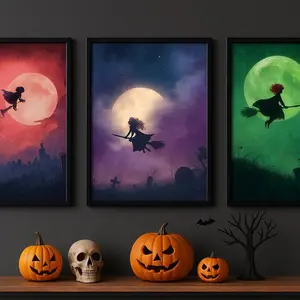 Halloween Witch Flying Silhouette Digital Wall Art Hocus Pocus Inspired Decor Spooky Graveyard Moon Scene Set Of Three – 5 Sizes (8x12–27x40 inch)