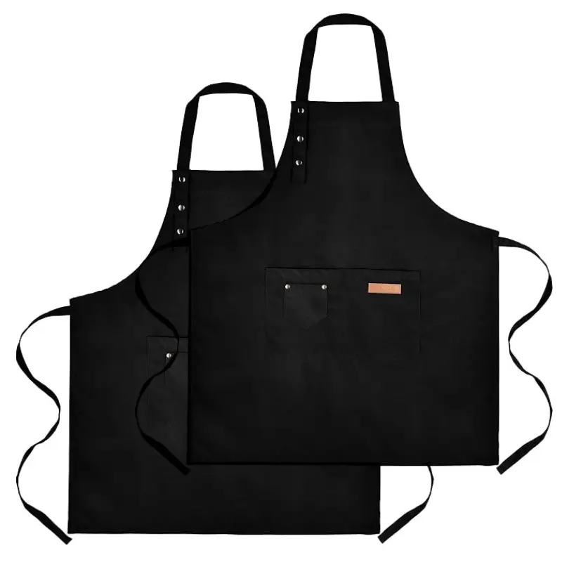 2-Pack Heavy-Duty Resistant Black Canvas Chef Aprons with Storage Pockets for Home Kitchen Cooking Baking