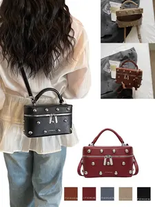 2026 Sweet Cool Rivet Box Bag, Ultra-Light 0.28kg, Handheld/shoulder/crossbody, /blue/burgundy//, Vintage & Versatile