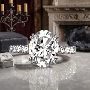 Women's Oval Cut Cubic Zirconia Engagement Ring, S925 Sterling Silver White Gold Plated Solitaire Wedding Band with Pavé Eternity Ring, Classic Double Claw Prong Promise Bridal Ring Set Jewelry Accessory US Size 5 6 7 8 9 10