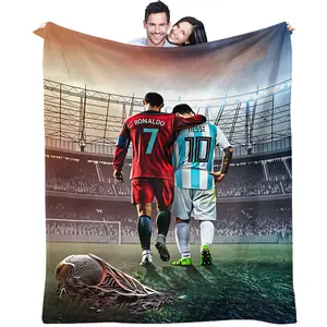 Soccer Player Duo Flannel Blanket, Stadium Print Warm Throw, Youth Athletic Bedroom Decor, Perfect Gift for Soccer Fans