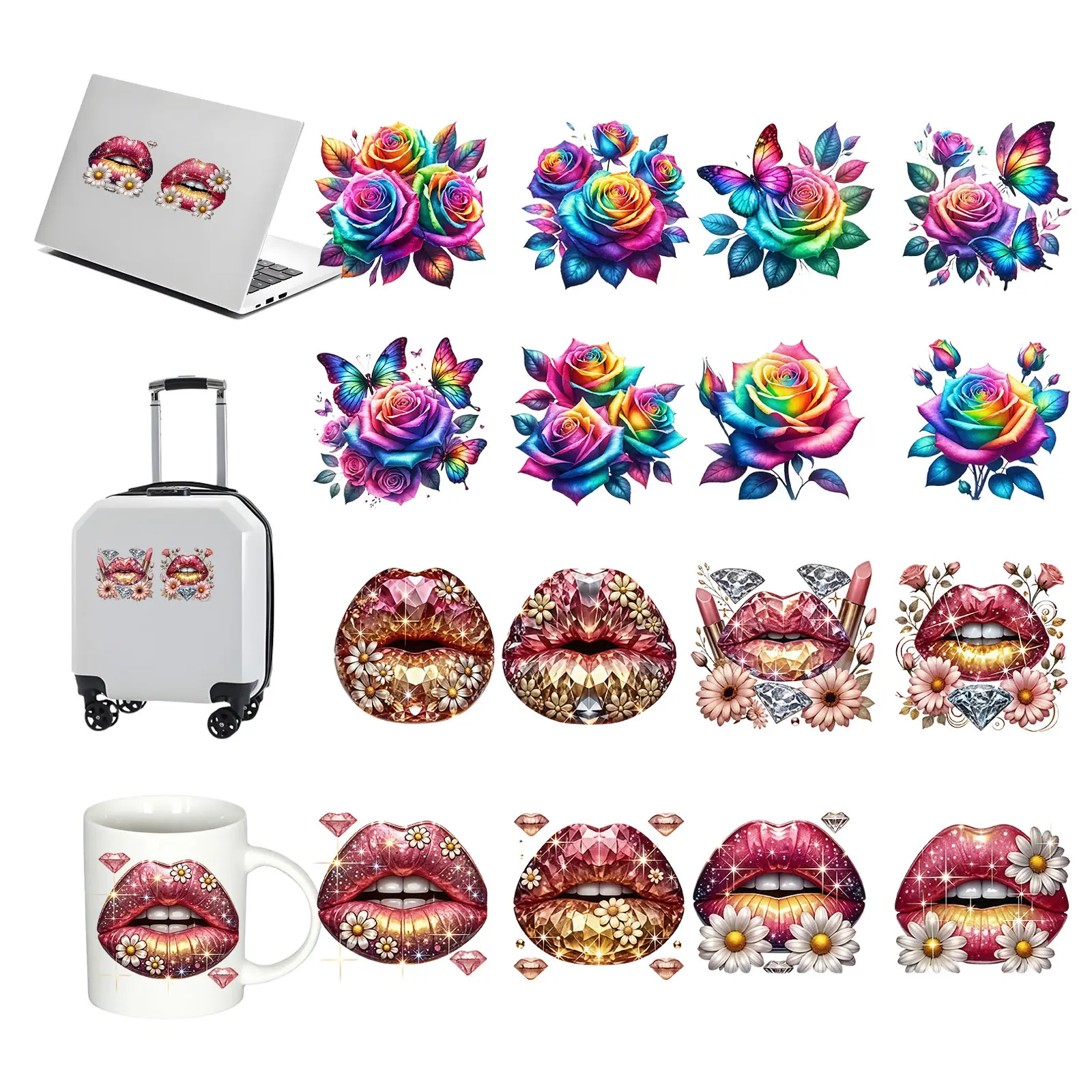 8PCS UV DTF Cup Wraps & Iron On Heat Transfer Stickers, Waterproof Rub On Transfer Decals for Tumblers, Water Bottles, Laptop Luggage Mugs, 4 Styles Colorful Rainbow Rose Butterfly Glitter Diamond Lips Floral DIY Craft Heat Transfer Stickers for DIY Decor