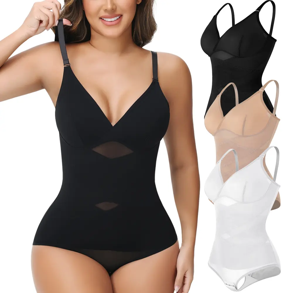 Women's Tummy Control Shapewear Bodysuit, Casual V-Neck Sleeveless Top with High Stretch Nylon and Breathable Mesh Panels, Bodysuit For Women, Tummy Control Bodysuits