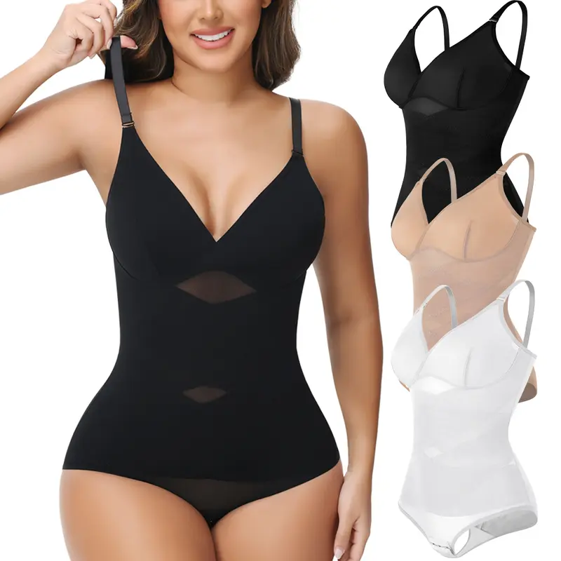 Women's Tummy Control Shapewear Bodysuit, Casual V-Neck Sleeveless Top with High Stretch Nylon and Breathable Mesh Panels, Bodysuit For Women, Tummy Control Bodysuits