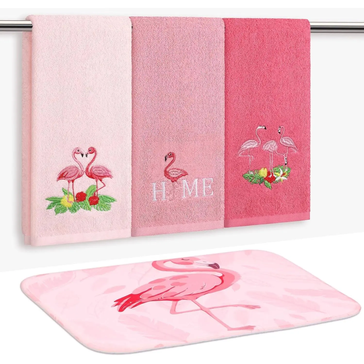 FuWeave 4 Pcs Flamingo Hand Towel with Floor Mat, Hot Pink Bird Towel, Summer Bath Towels and Bath Rug, Cute Tropical Bathroom Accessories, Flamingo Bathroom Decor, Flamingos Gifts for Women
