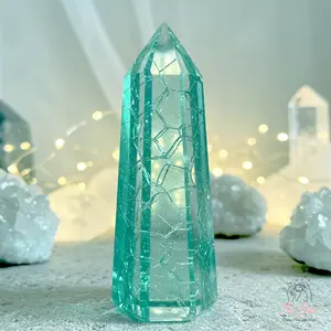 Blue Crackle Glass Tower Blue Crystal Gemstone Single Point Wand Crystal Obelisk Mineral Specimen Home Desk Meditation Decoration