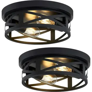 2 Pack Black Flush Mount Ceiling Light,Industrial Farmhouse Metal Cage Black Light Fixtures Ceiling Mount for Kitchen Entryway Hallway E26 Base (10.63in)