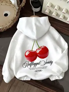 Women's Red Flagged Society Hoodie, Cherry Print Sweatshirt, Oversized Pullover Top for Streetwear and Cute Aesthetic Daily Wear