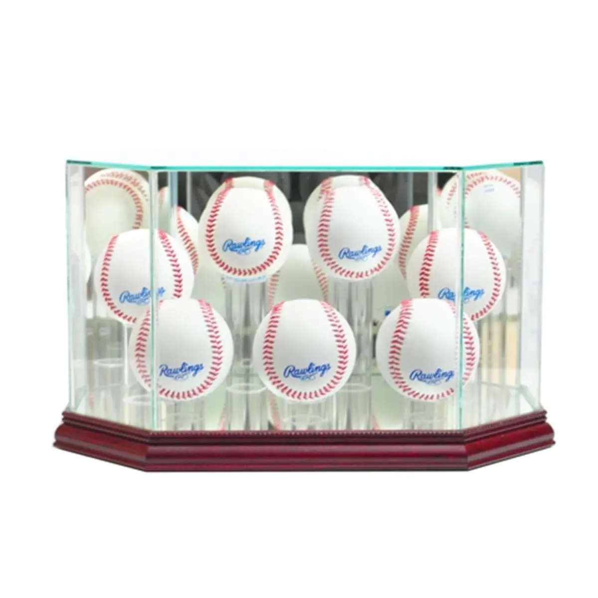 Baseball Display Case for Sports Collectibles - Octagon 7, Holds 7 to 9 Autographed Baseballs, Cherry Real Wood Moulding, Mirror on Bottom and Back