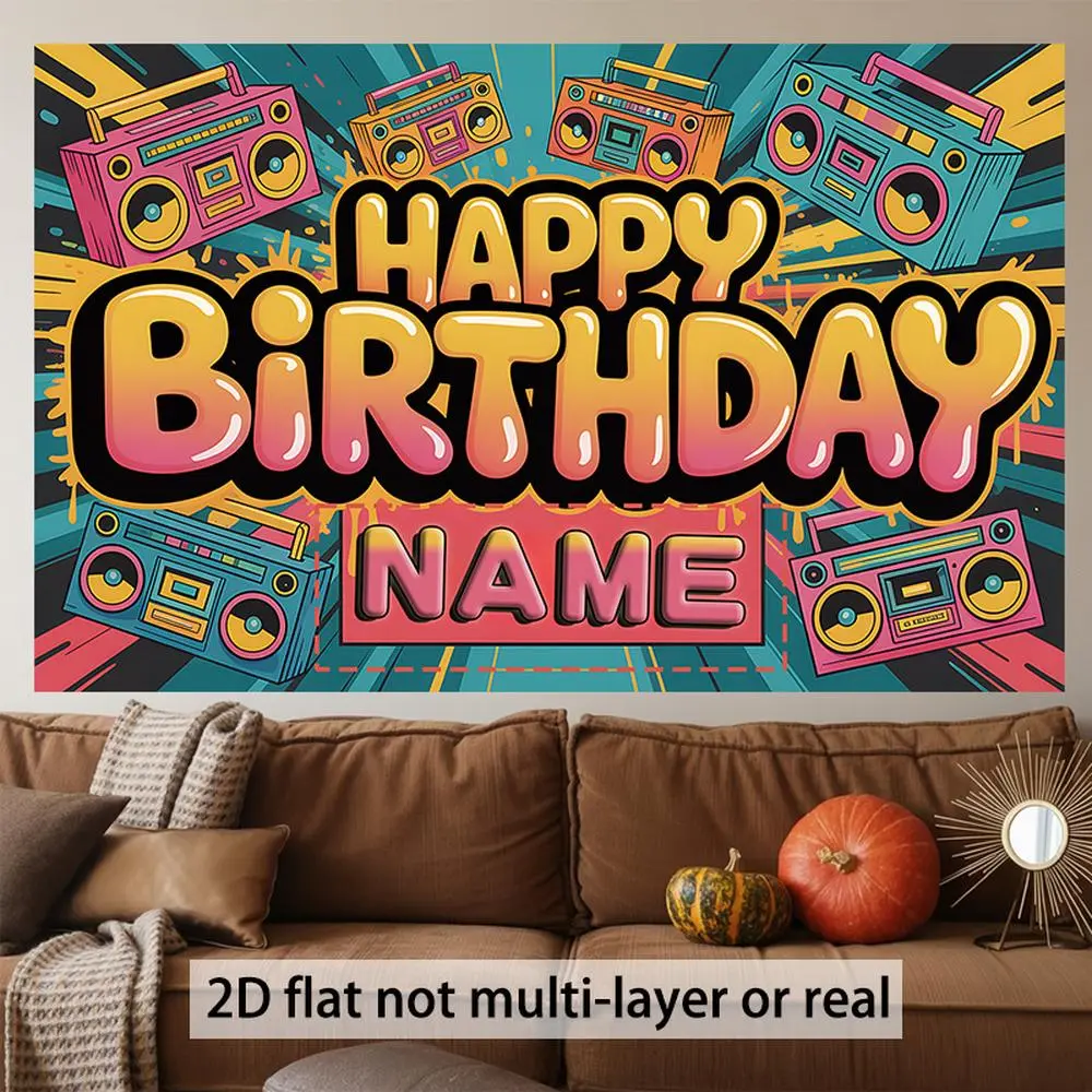 Retro 80s Neon Boombox Personalized Name Party Banner - 1pc Vibrant Design Reusable 2D Flat Event Backdrop, 90.5x70.8in Large Multicolor Polyester Happy Birthday Decoration with Custom Text for 80s Themed Parties
