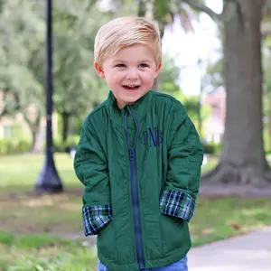 Hunter Green Quilted Coat - Cute Boys Jacket with Contrast Plaid Trim