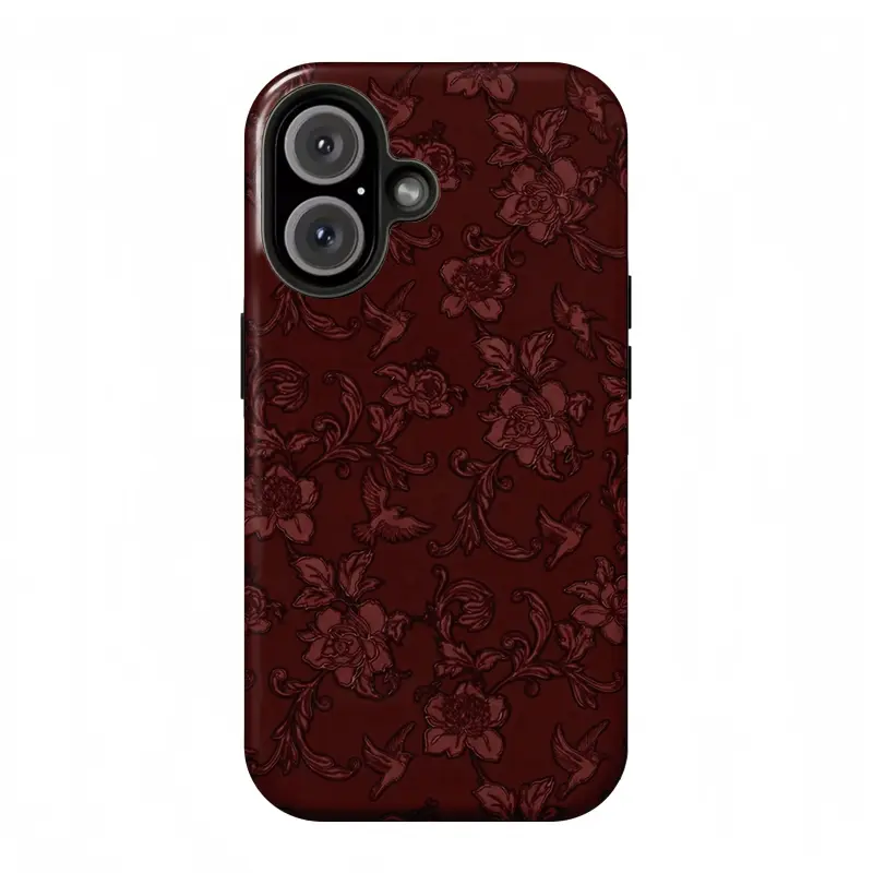 Burgundy Floral Bird Double-Layer Protective Phone Case, Local Accessories for Samsung Galaxy S21-S25 Ultra, S22-S24 Plus/FE, S23 FE, Edge Plus, A13-A16, A23-A26, A33-A36, A52-A56, 06 Devices - Casing & Cover