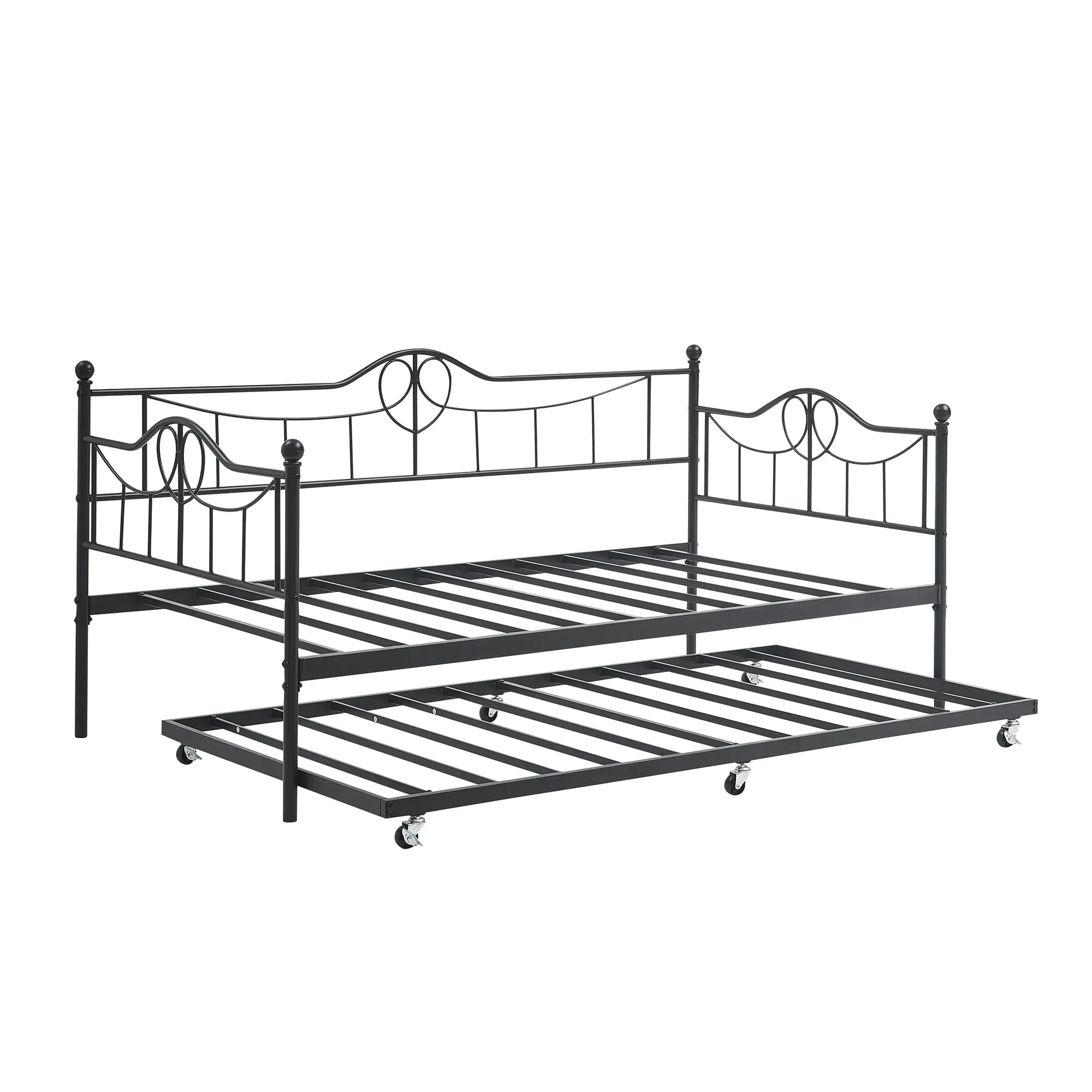 Gaomon Twin Size Daybed with Trundle - 6-Wheel Guest Pull Out Bed, Heart Motif Design, Heavy-Duty Steel Frame Slats, Headboard and Side Armrests, Versatile Function, for Bedroom, Living Room, Black
