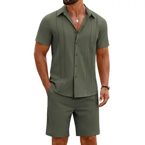 COOFANDY Men's 2 Piece Outfits Cuban Guayabera Short Sleeve Shirts and Shorts Summer Beach Vacation Sets for Men