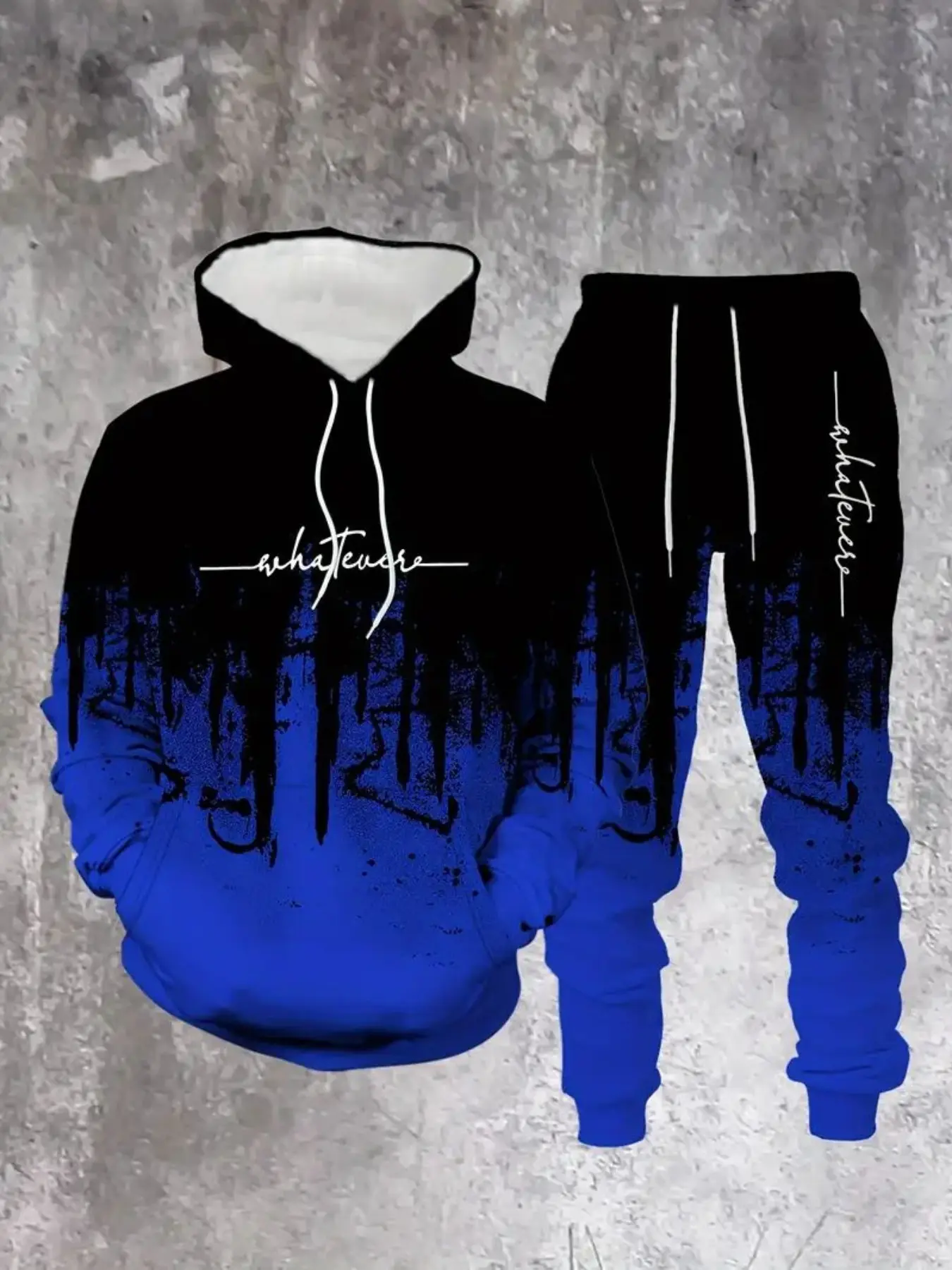 Men's Casual Polyester Hoodie Set, Blue Block Letter Print, Comfortable Elastic Fit, Sporty Style, Ideal for Outdoor Activities, Streetwear Tracksuit Set, Sports Outfits, Outdoor Athletic Sportswear