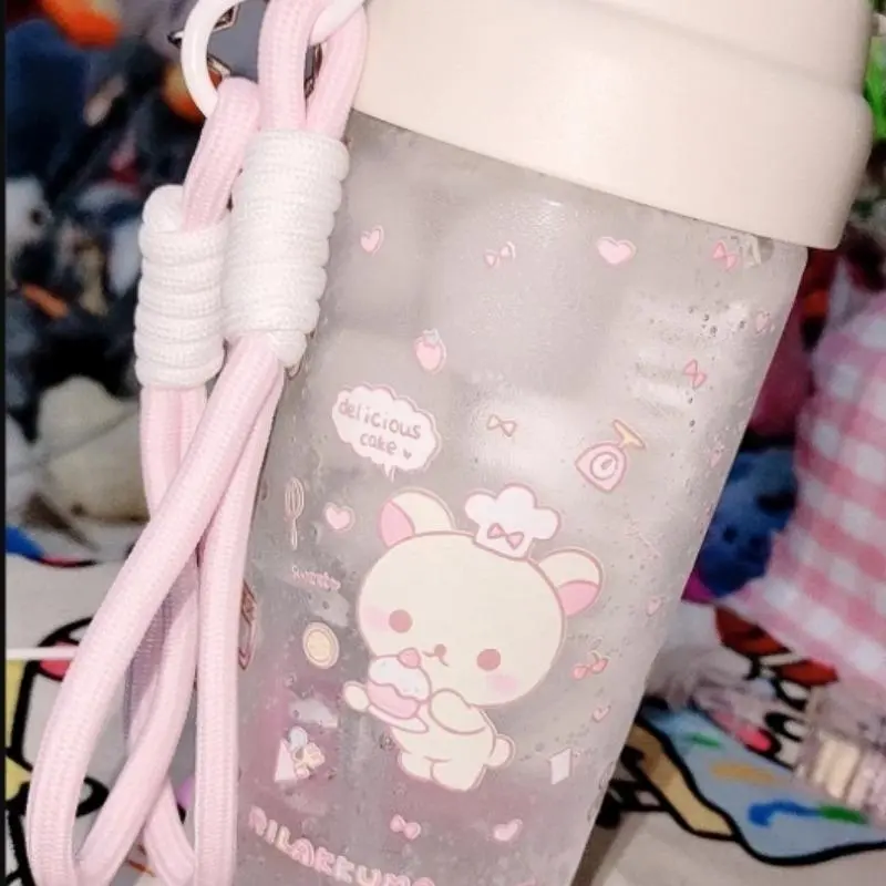 600ml Kawaii Anime Rilakkuma Plastic Straw Tumbler - Reusable, Washable, Large-Cap Aesthetic Water Bottle, Portable Sports Cup for Girls, Outdoor Home Supply, Kawaii Anime Gift Idea