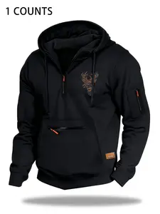 Autumn Winter Design Zipper Thick Hoodie, High-End Side Label Patch, Fashion Simple Deer Head Print Casual Sportswear, Casual Fashion Sweatshirt, Casual Hooded Sweatshirt, Graphic Print Hoodie