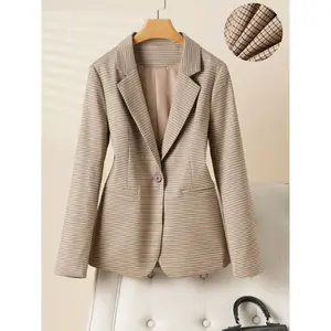 Women's plaid lapel sports jacket, spring and autumn fashionable long sleeved office clothes, women's casual and elegant outerwear, business attireRAIMENTRY