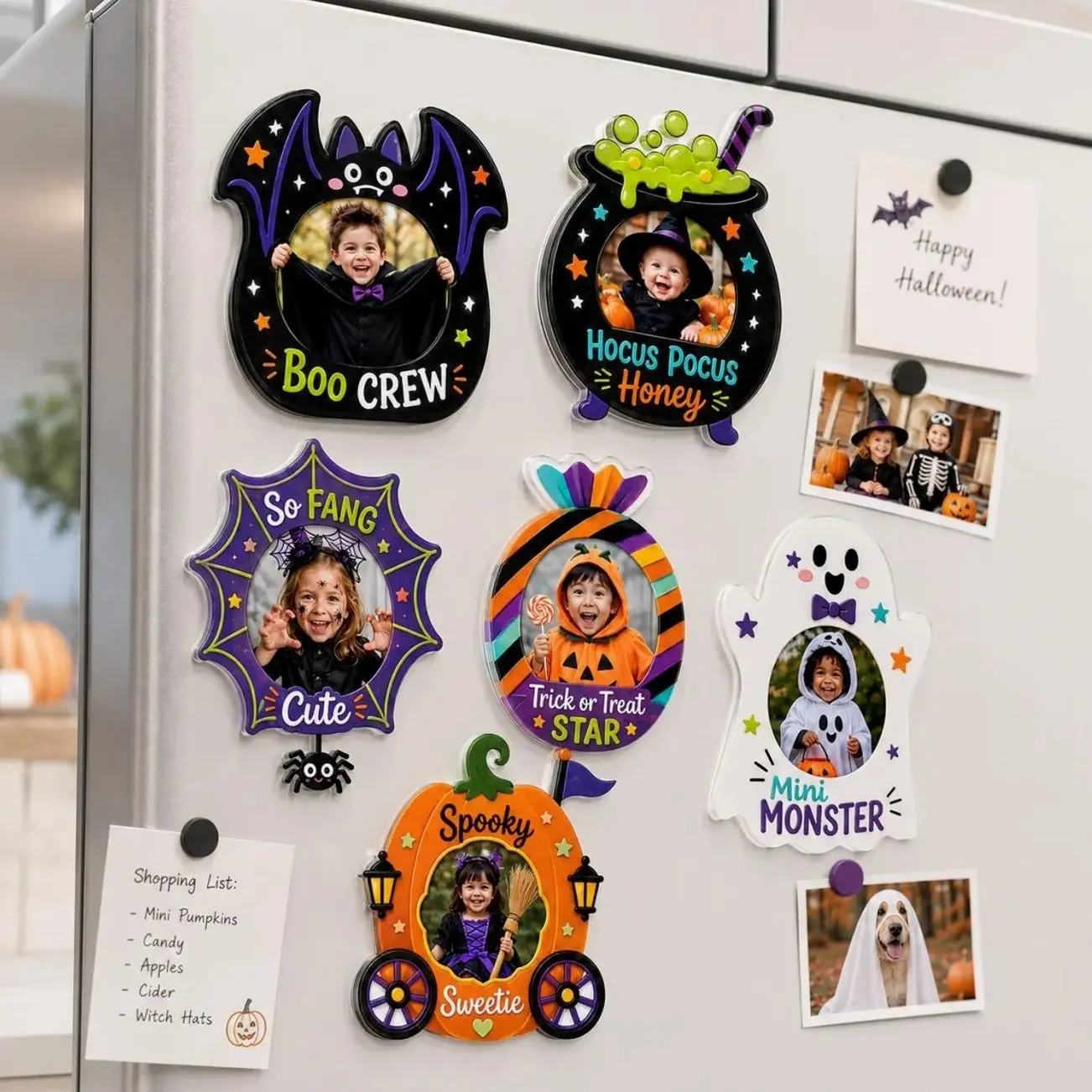 6 ops Personalized Halloween Photo Fridge Magnet 1 layer, Custom Picture Frame, Bat Ghost Pumpkin Keepsake
