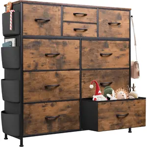 Fabric Dresser for Bedroom with 10 Drawers, Chest of Drawers with Side Pockets and Hooks, Sturdy Metal Frame, Drawers Organizer Unit for Living Room and Hallway, Rustic Brown Wood Grain Print
