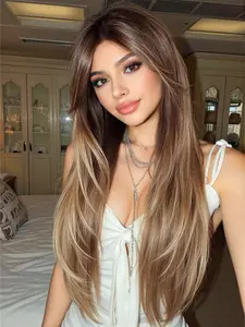 24-Inch Gold Gradient Straight Synthetic Smooth Wig for Women, Heat-Resistant, Perfect for Dates and Daily Wear, All Seasons Suitable