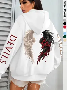 Women's Fashion Loose Fit Hooded Sweatshirt, Autumn Winter Design, Wing Letter Print, Casual Style, Perfect for Daily Wear