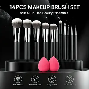 14PCS Makeup Brush Set with 2 Beauty Sponges | Premium Soft Brushes for Face, Eyes & Flawless Blending